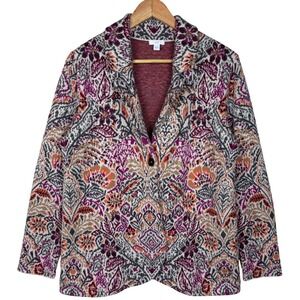 J Jill Knit Blazer Jacket Women M Bohemian Floral Button Front Artisan Tapestry